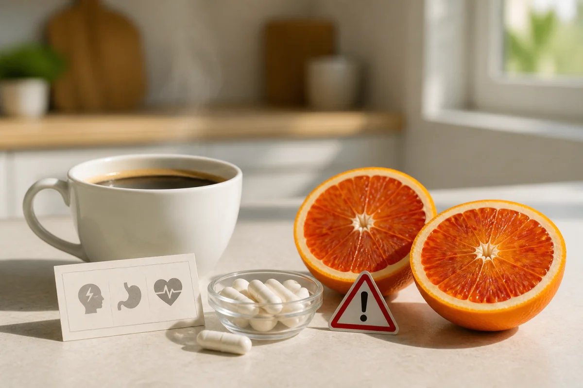 Puissance 1000 effets indésirables : café, gélules de caféine et orange amère avec symbole d’avertissement en cuisine.
