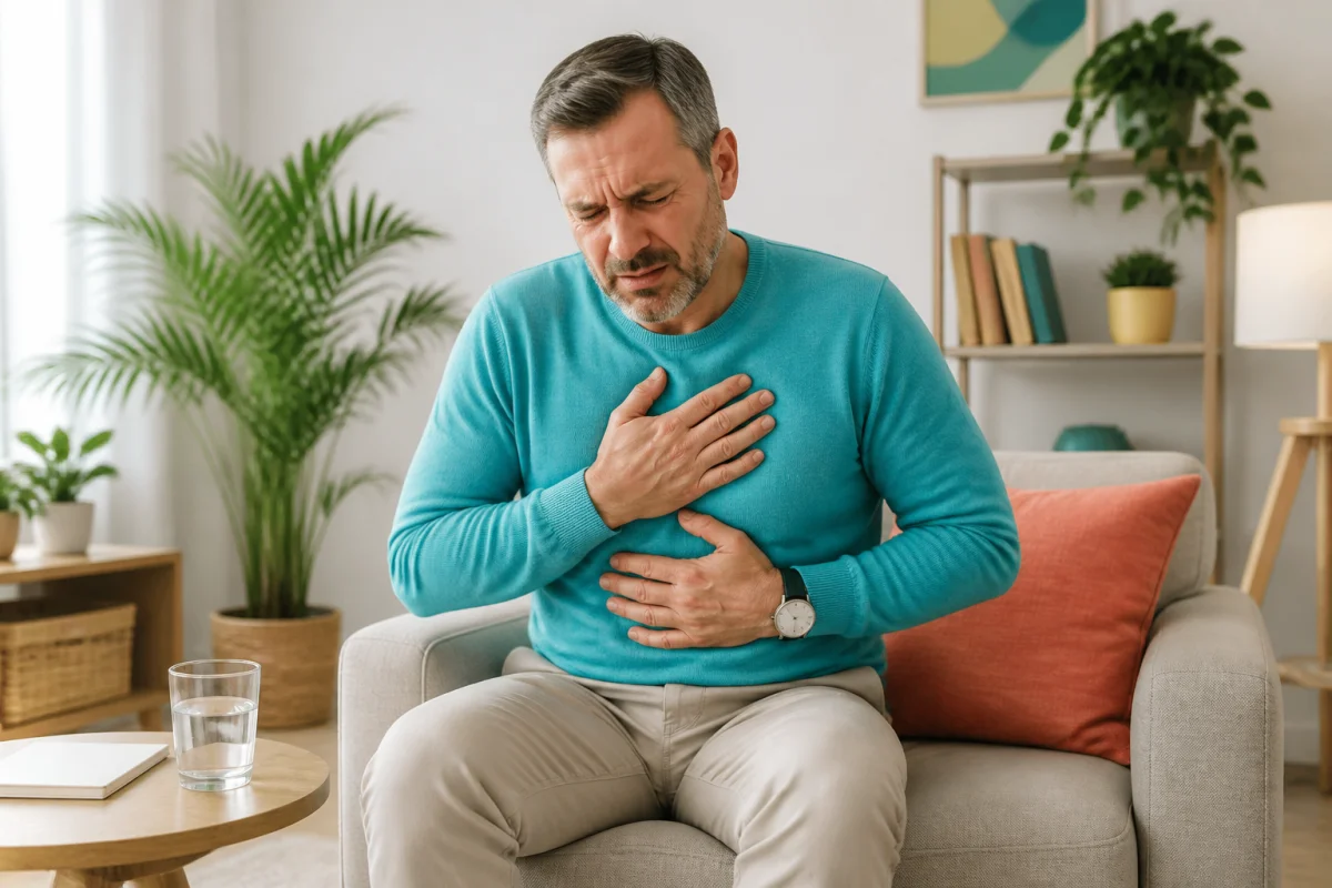 Adulte tenant sa poitrine, illustrant palpitations, douleur thoracique et essoufflement liés aux effets indésirables de Puissance 1000