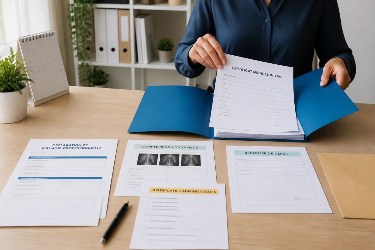 Dossier de reconnaissance maladie professionnelle organisé avec certificat médical, déclaration et justificatifs administratifs sur un bureau lumineux