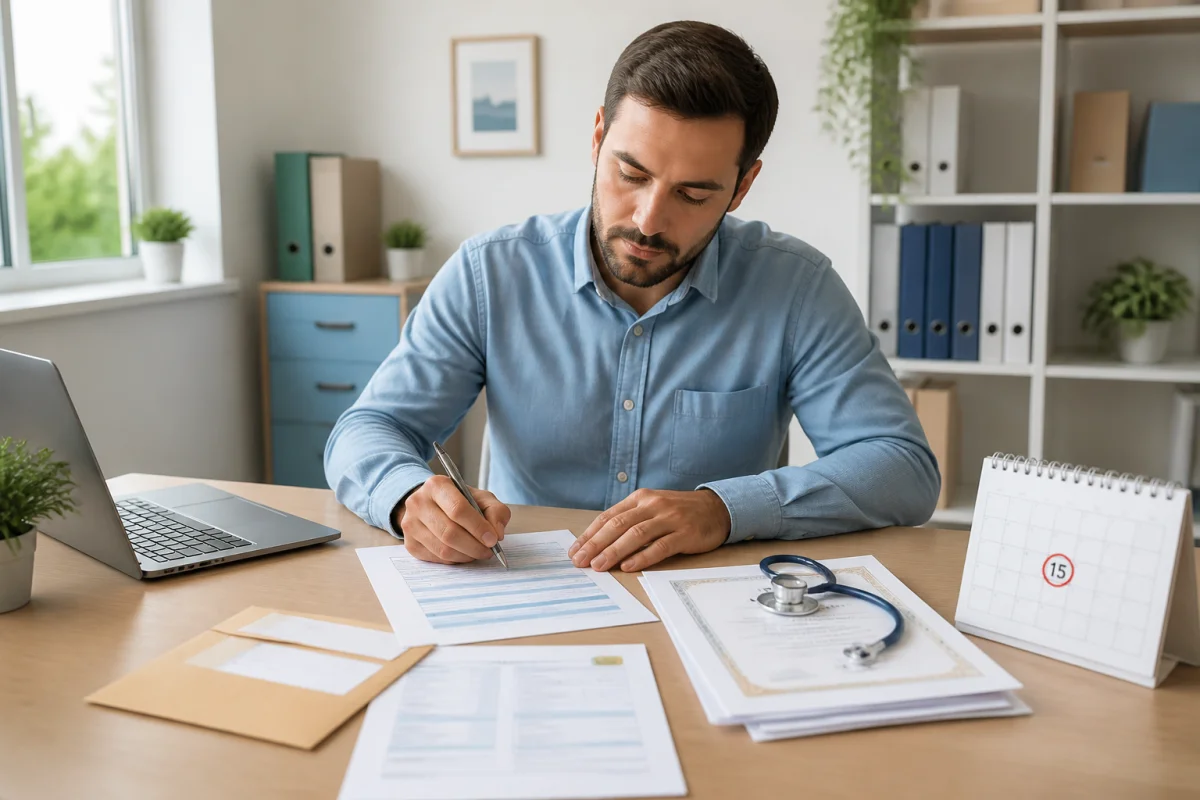 Salarié remplissant une déclaration de reconnaissance de maladie professionnelle avec certificat médical et justificatifs administratif
