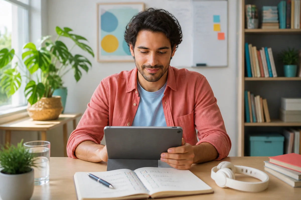 Étudiant utilisant une tablette pour un questionnaire d’auto-évaluation sur ses habitudes avec carnet de suivi et stylo