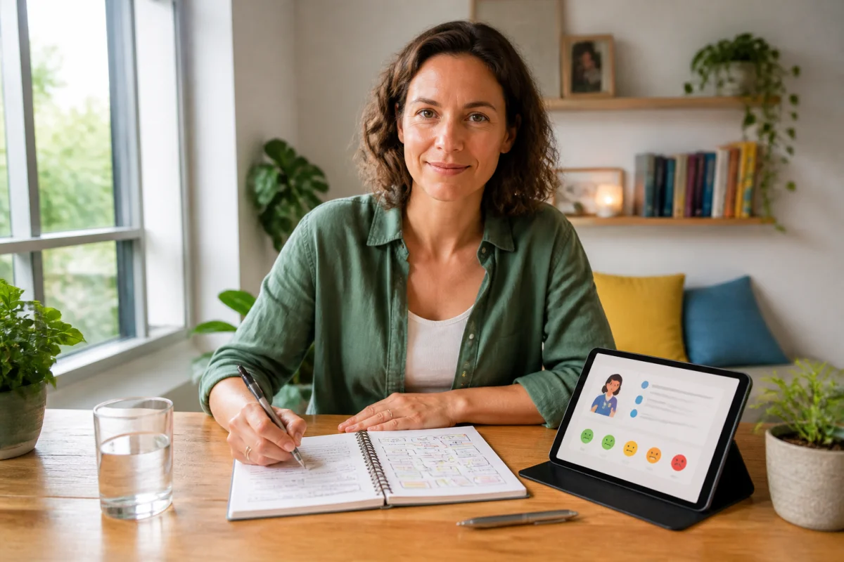 Addict Prev : personne prenant des notes, tablette affichant des ressources sur les addictions, carnet et verre d’eau dans un espace lumineux