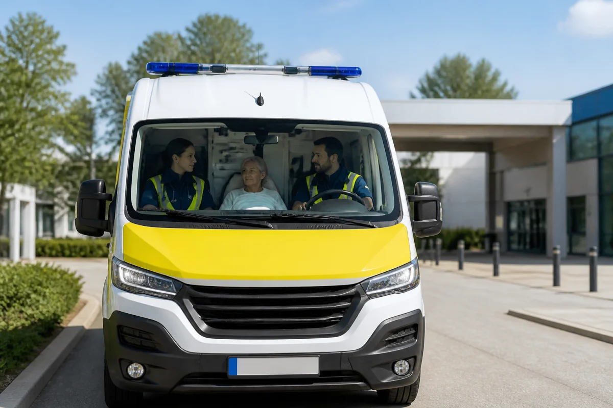 Ambulance Valburgeoise devant un centre médical, accompagnée de professionnels et d’un patient installé confortablement