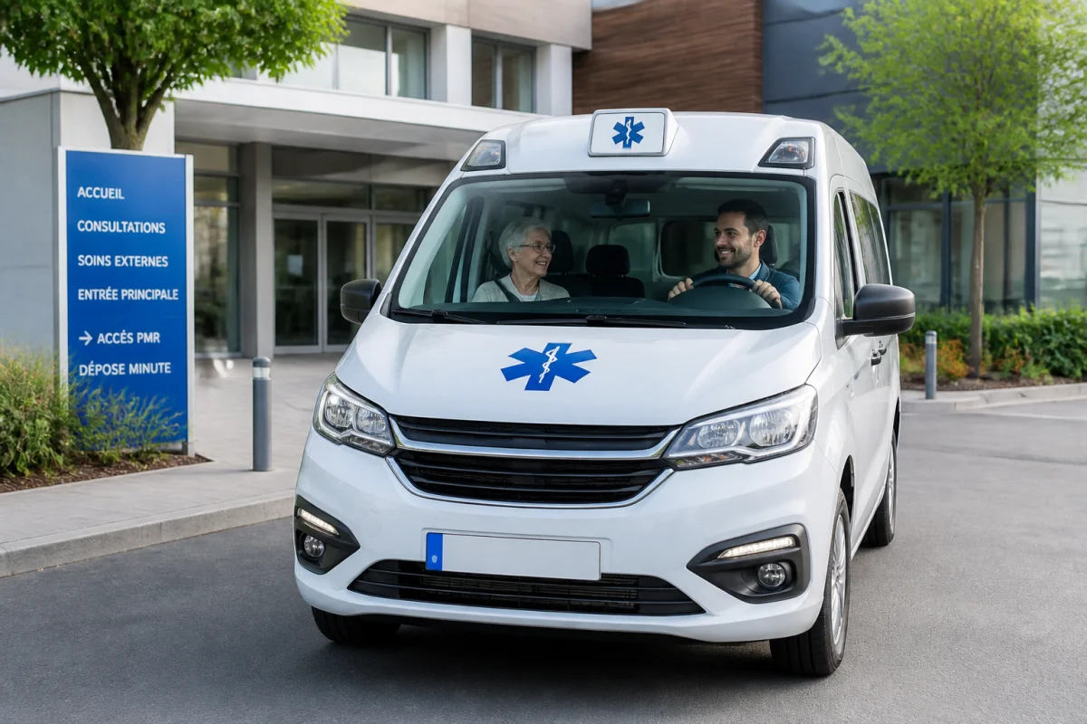Ambulance Valburgeoise transportant sereinement un patient vers un rendez-vous médical devant un centre de soins moderne