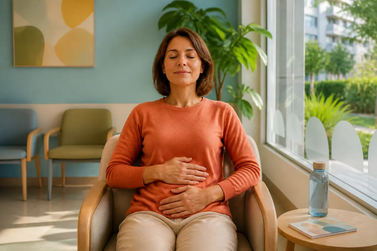 Adulte pratiquant une respiration apaisante en salle d’attente médicale avant un examen médical