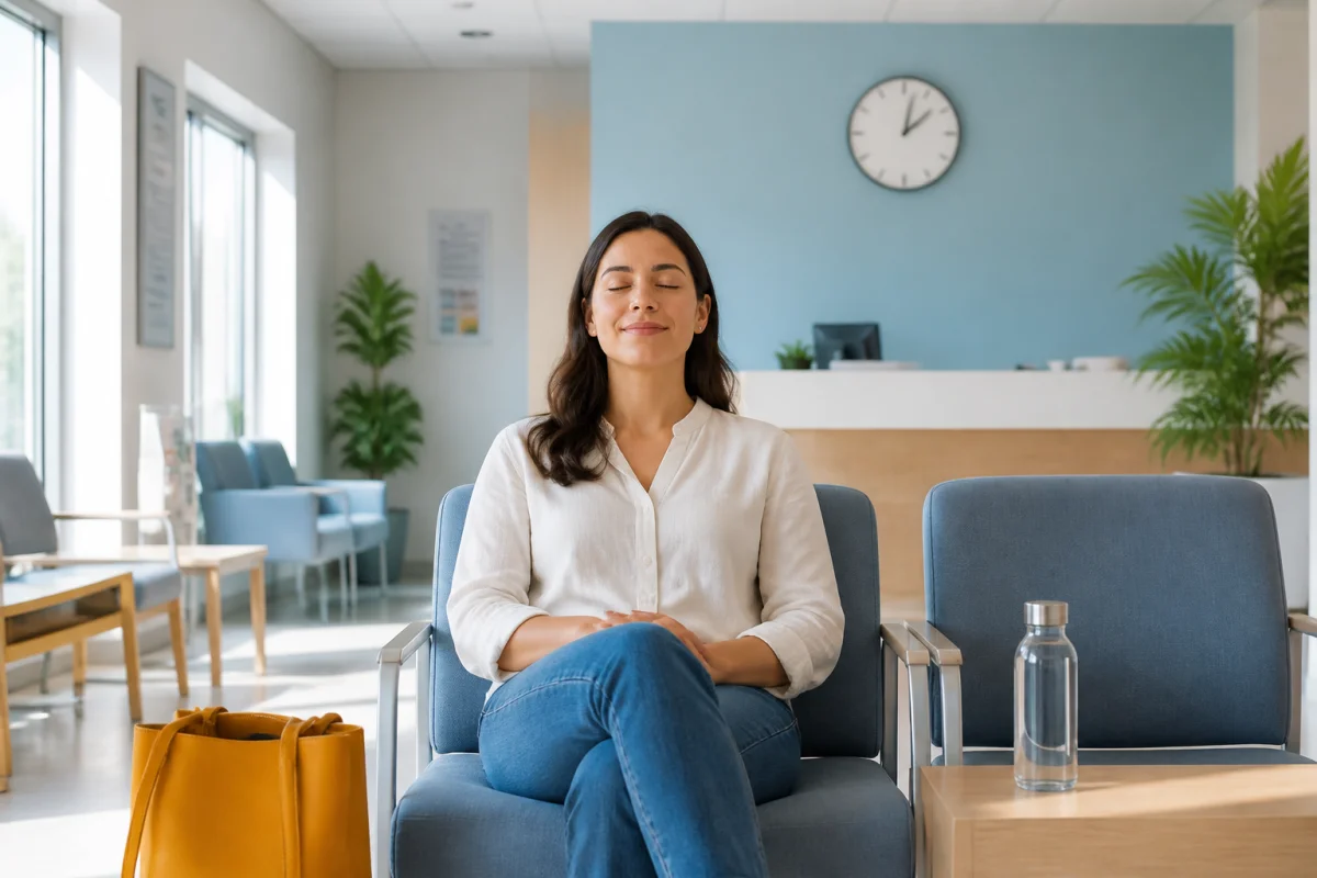 Personne sereine respirant calmement en salle d’attente avant un examen médical, arrivée en avance pour réduire l’anxiété