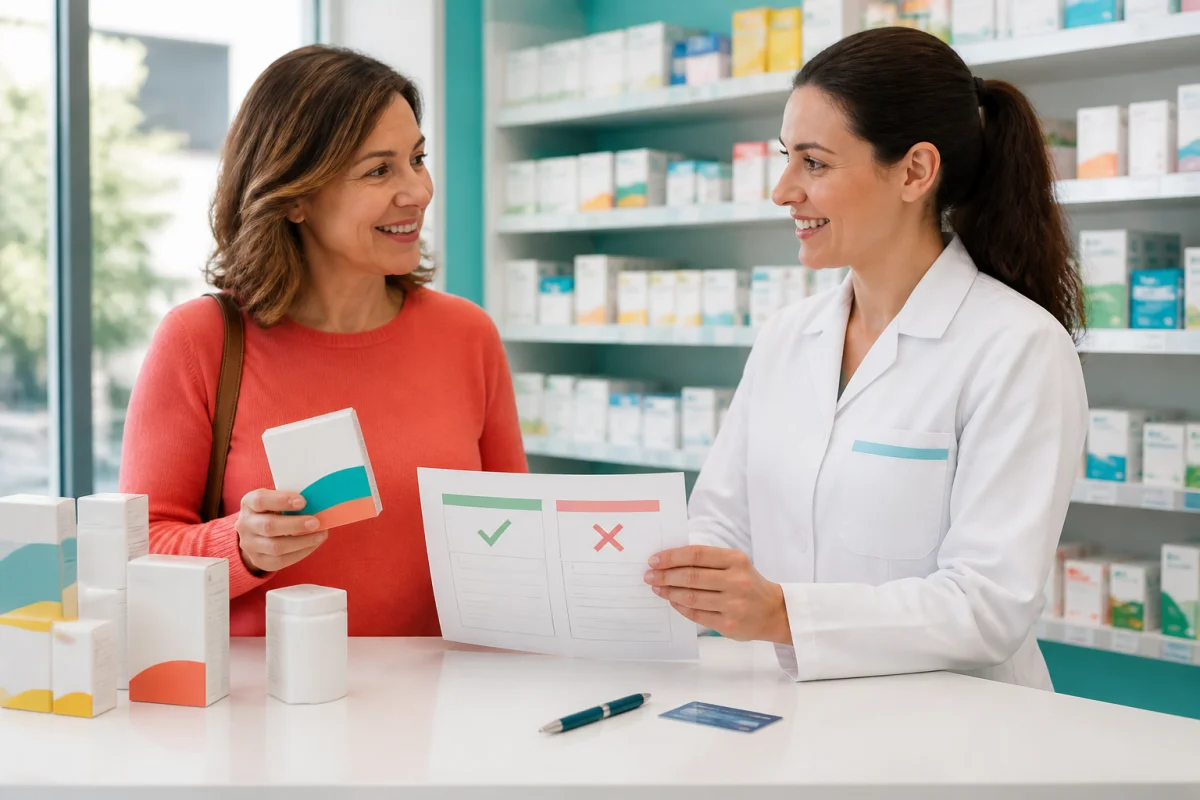 Adulte présentant un médicament sans ordonnance et un relevé de remboursement à une pharmacienne pour vérifier sa mutuelle