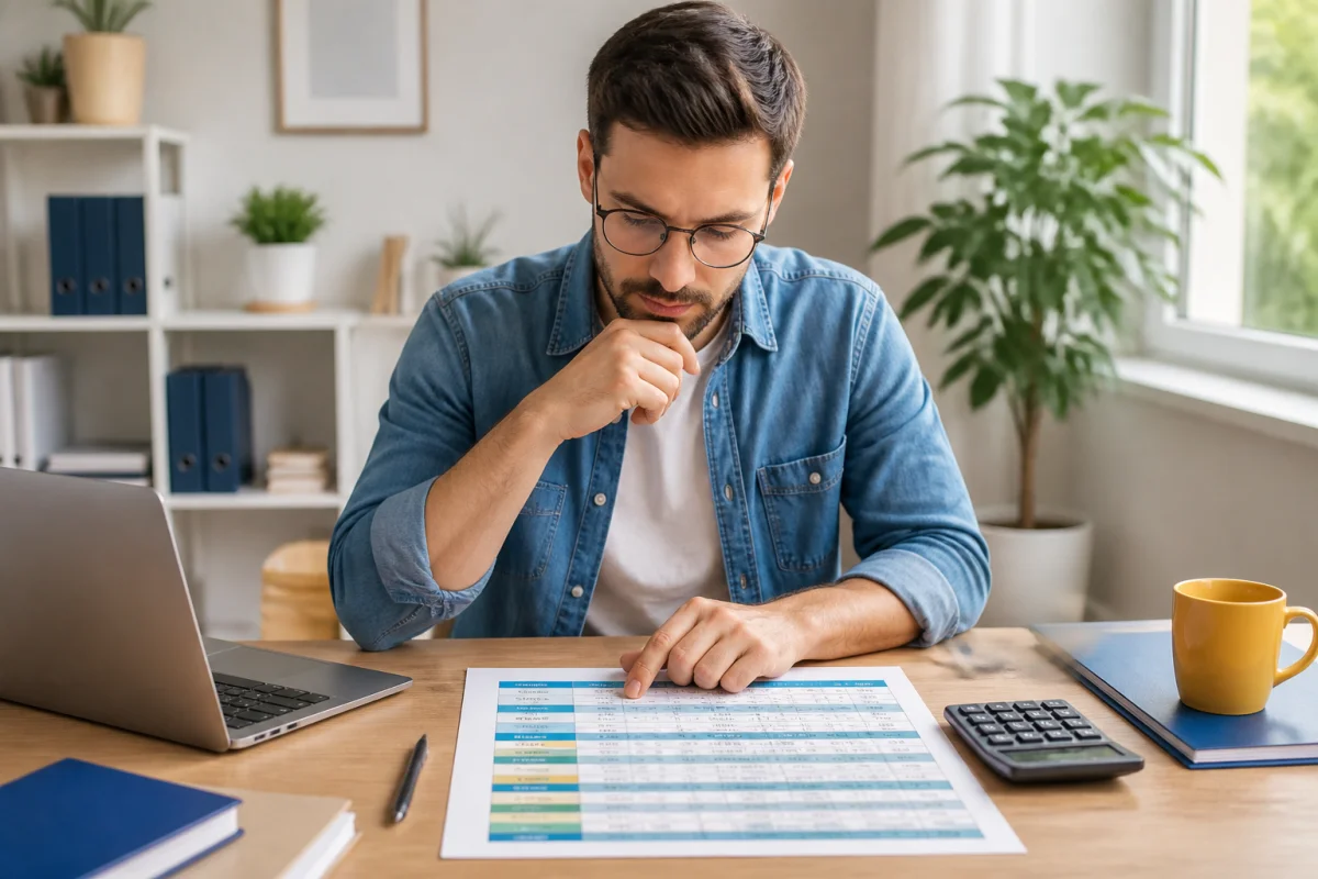Adulte consultant un tableau de garanties de mutuelle santé avec calculatrice et documents administratifs à domicile