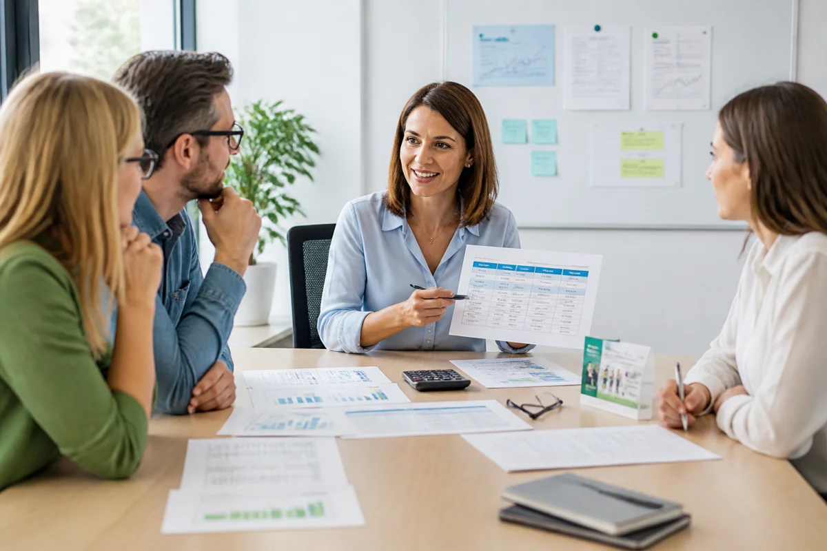 Responsable RH présentant à une équipe des documents comparatifs de complémentaire santé entreprise en réunion