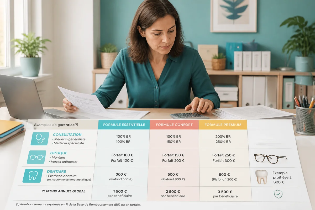 Professionnelle analysant un tableau de garanties de complémentaire santé entreprise avec calculatrice et documents de remboursement
