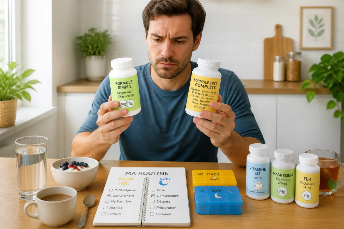 Personne comparant des compléments alimentaires pour la fatigue, avec piluliers matin et soir dans une cuisine lumineuse.