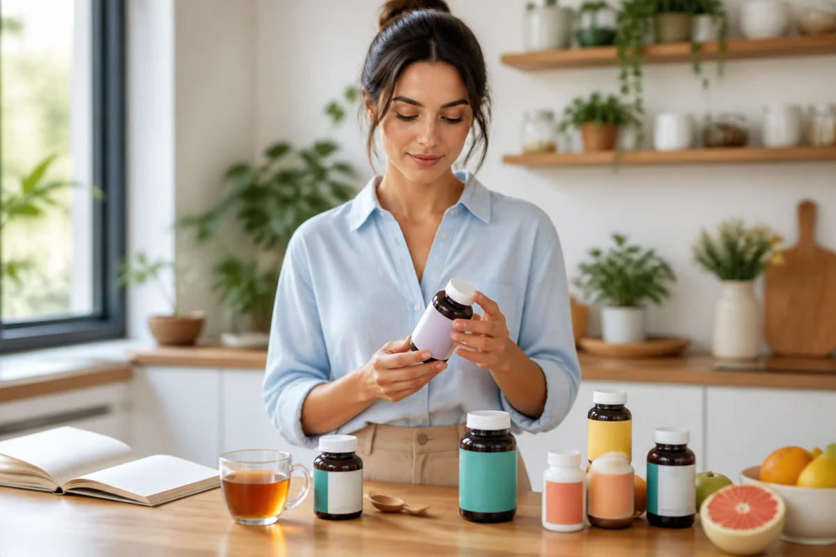 Personne choisissant des compléments alimentaires pour la fatigue sur une table, avec infusion, fruits frais et flacons neutres