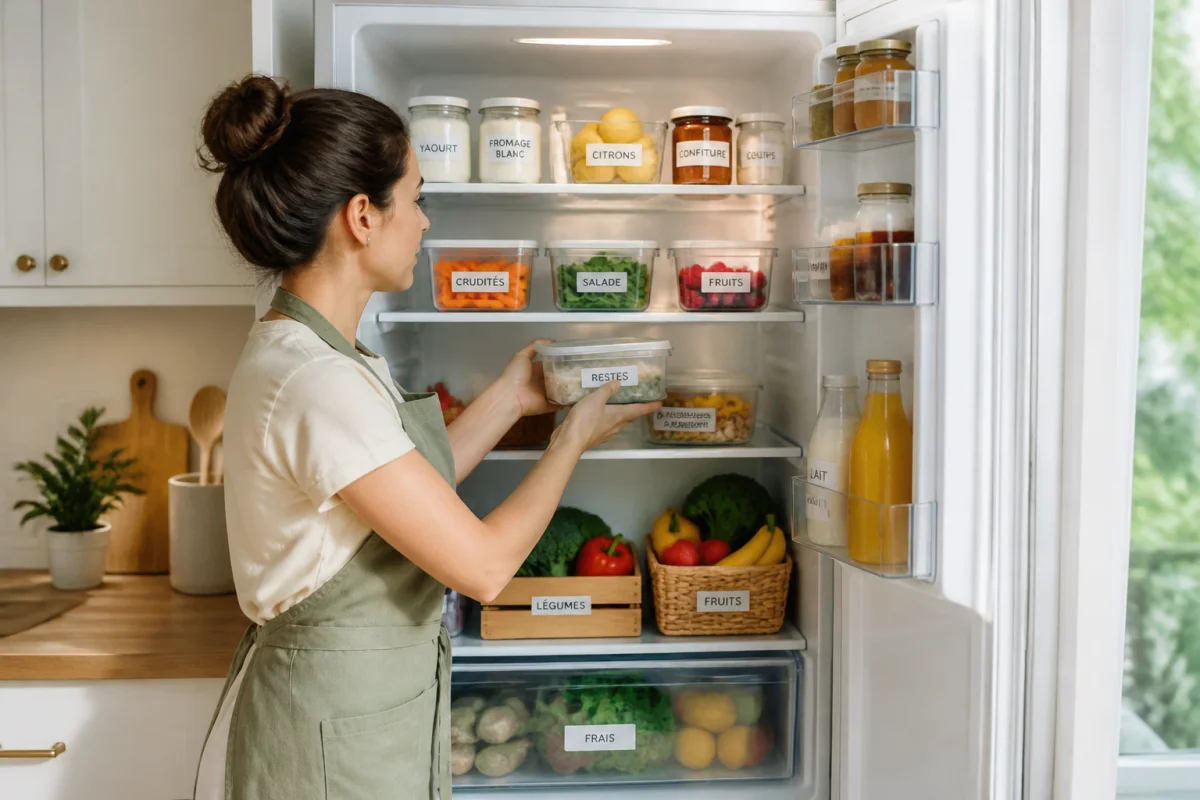 Réfrigérateur organisé avec aliments frais en boîtes hermétiques, illustrant la conservation des aliments au quotidien