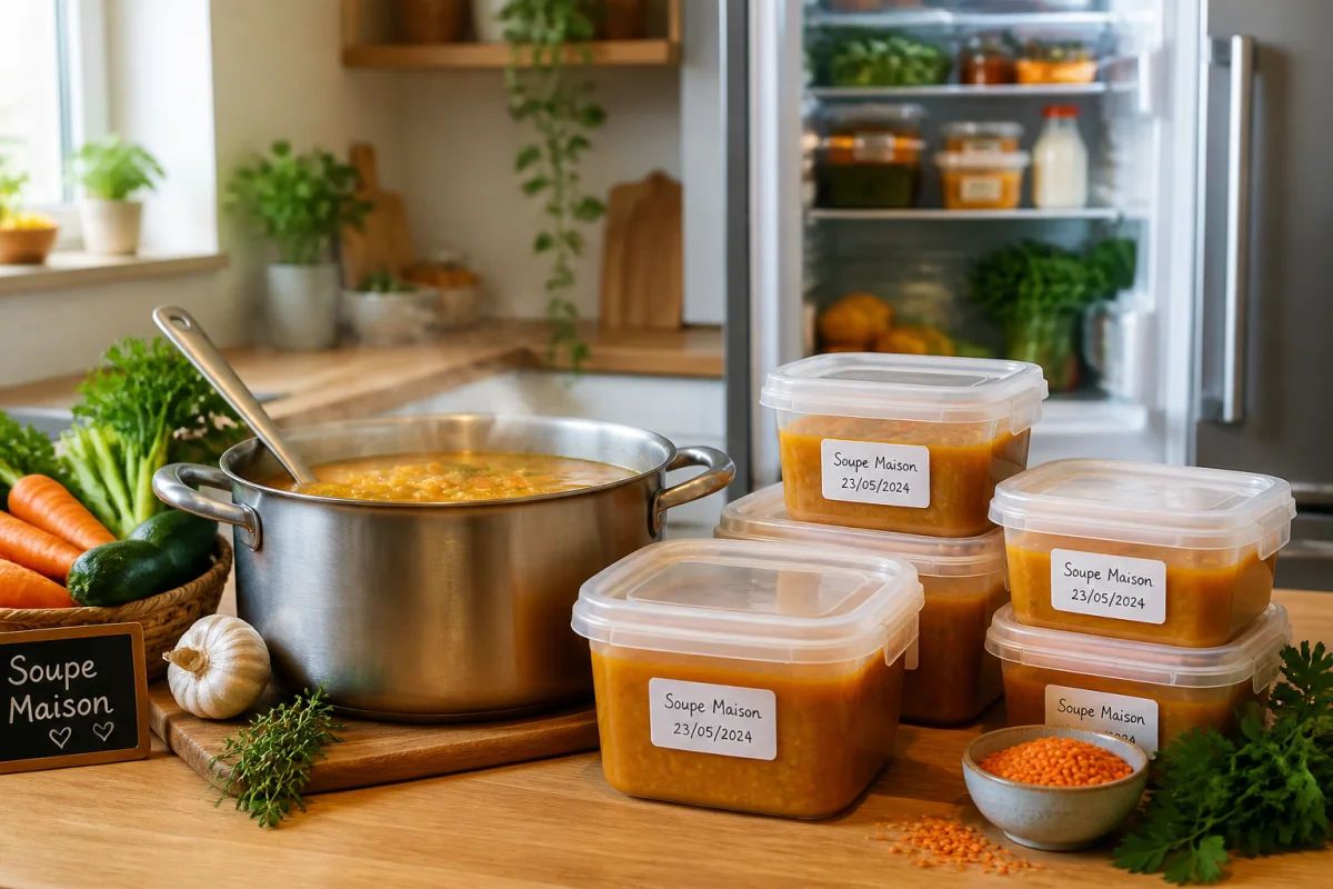 Marmite de soupe maison et contenants hermétiques étiquetés pour la conservation des aliments au quotidien