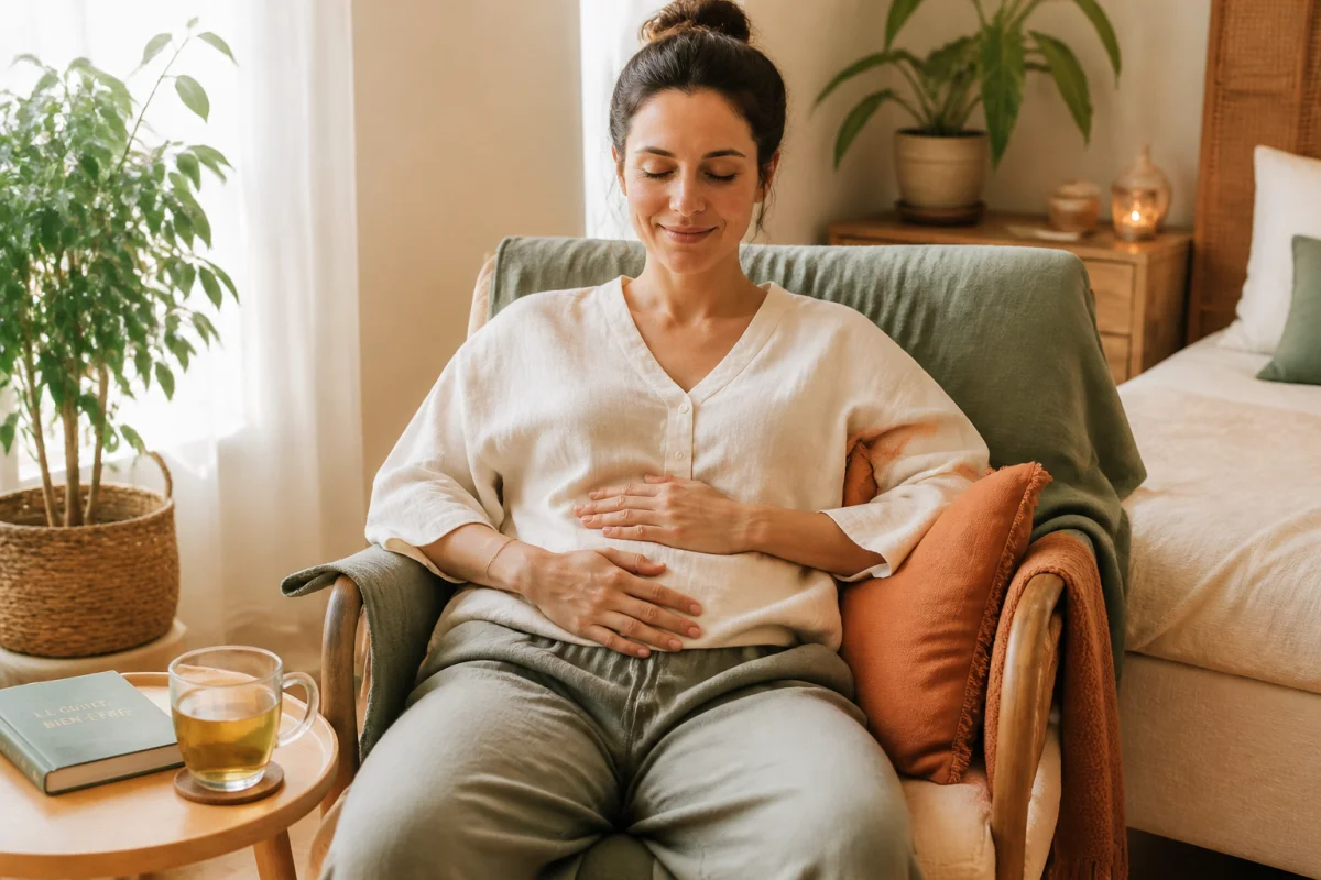 Personne massant doucement son abdomen après un repas, dans un espace chaleureux dédié au bien-être digestif