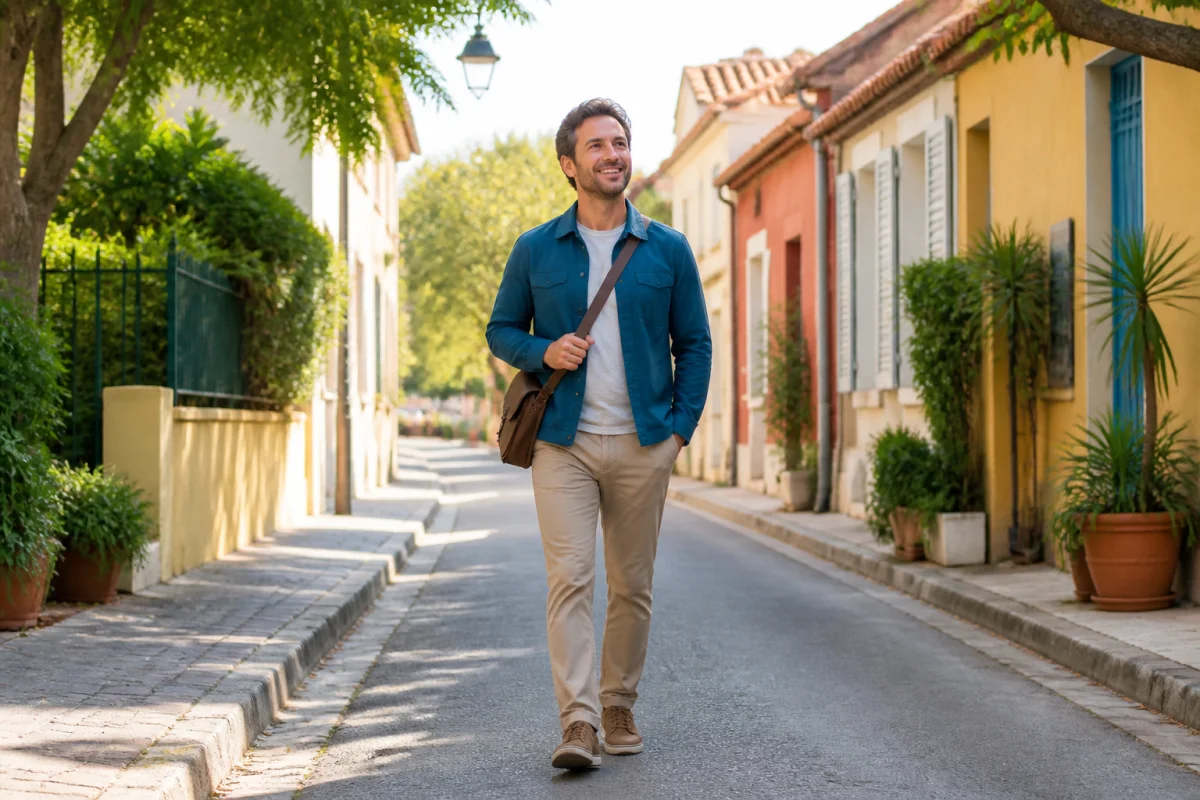 Marche tranquille après le repas dans une rue résidentielle, illustrant une digestion quotidienne plus confortable et sereine