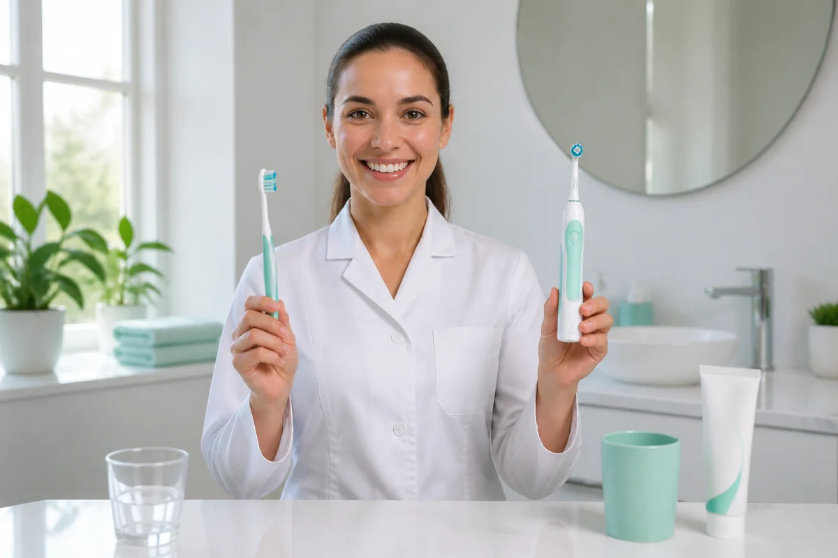 Docteur Fournier compare une brosse à dents manuelle et électrique dans une salle de bains lumineuse