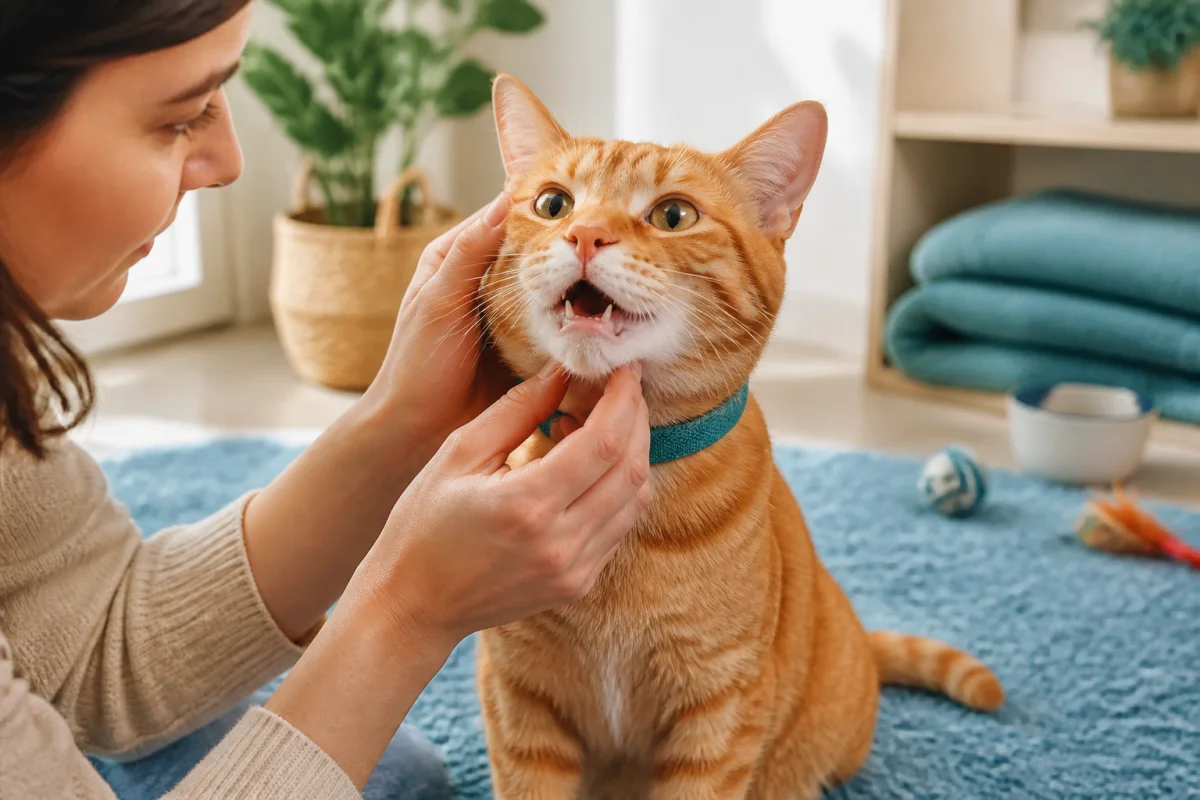 Chat calme observé doucement par une personne pour vérifier son hygiène bucco-dentaire à la maison