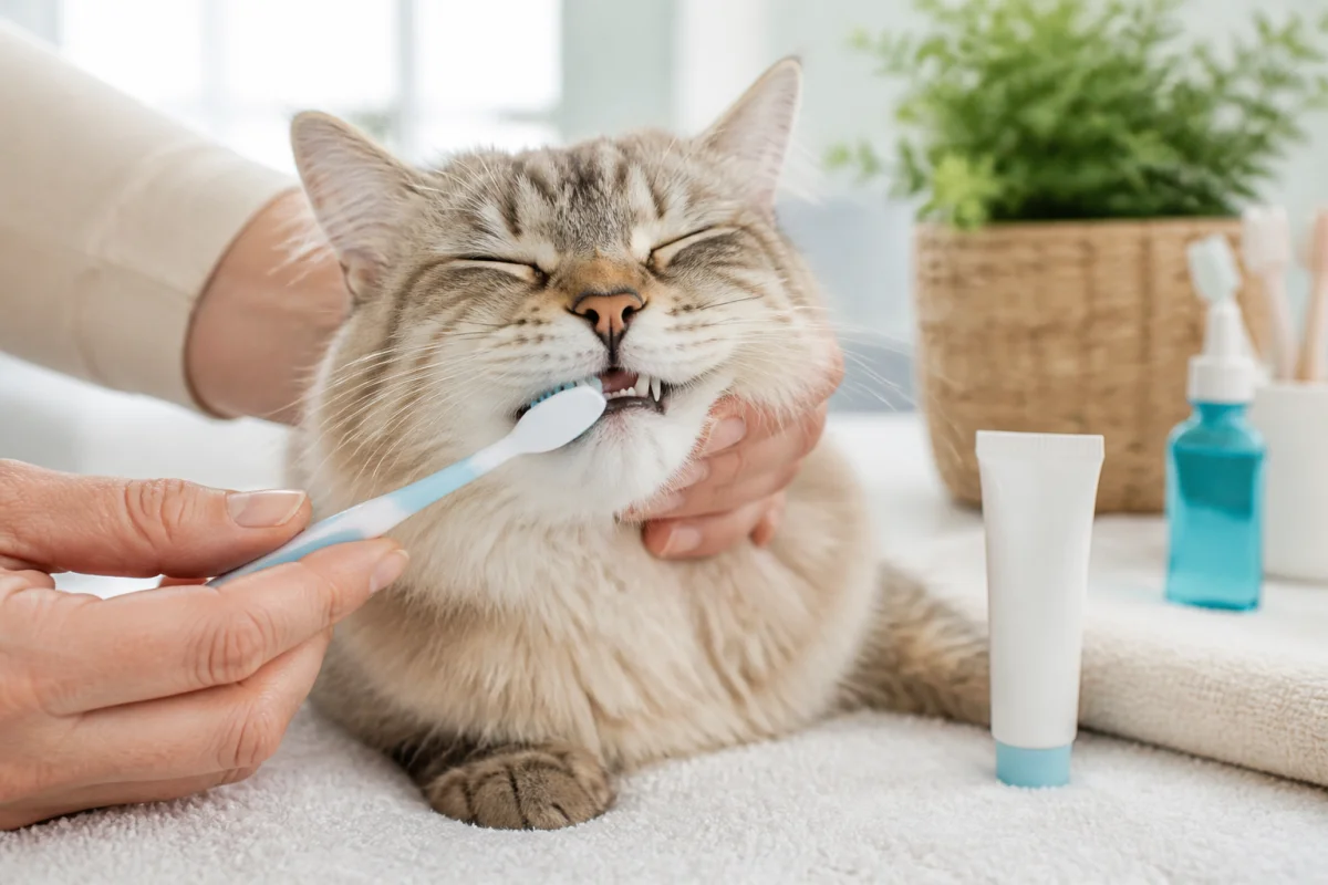 Chat calme bénéficiant d’un brossage des dents avec une brosse souple, illustrant l’hygiène bucco-dentaire du chat