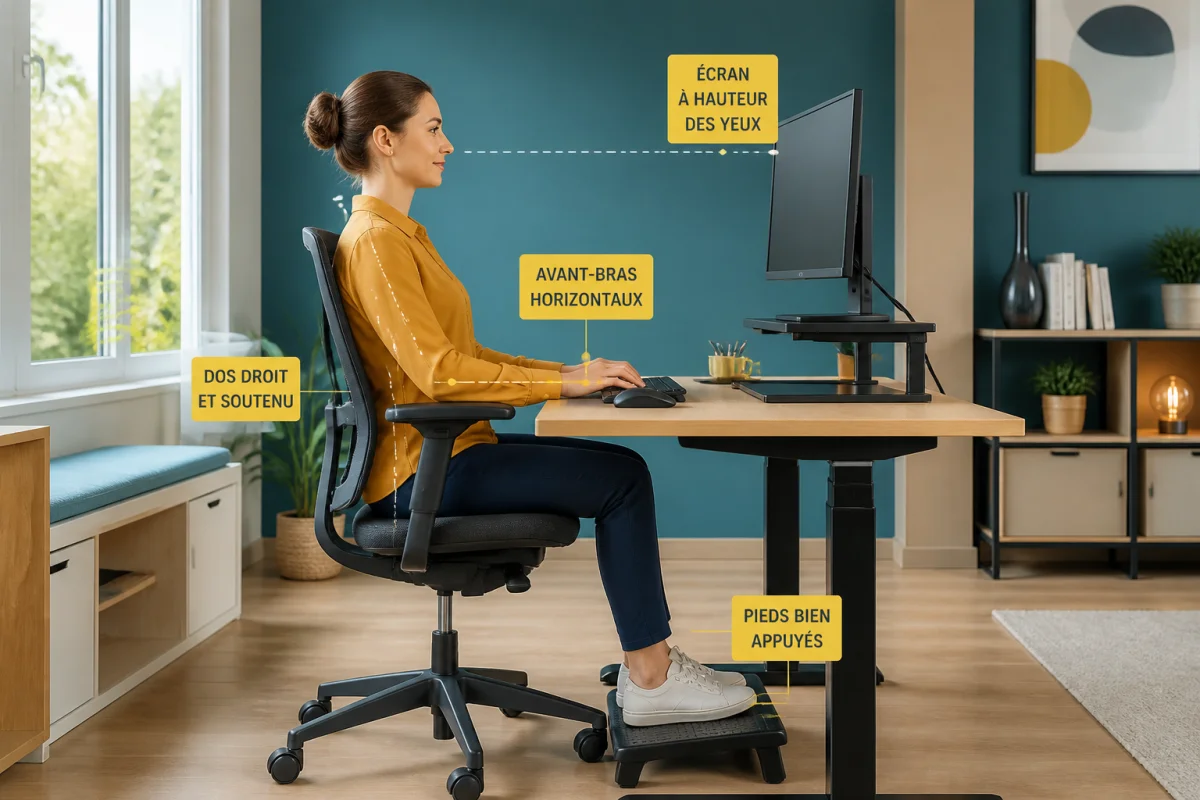 Posture ergonomique au bureau pour prévenir le mal de dos : dos droit, écran ajusté et pieds bien posés au sol