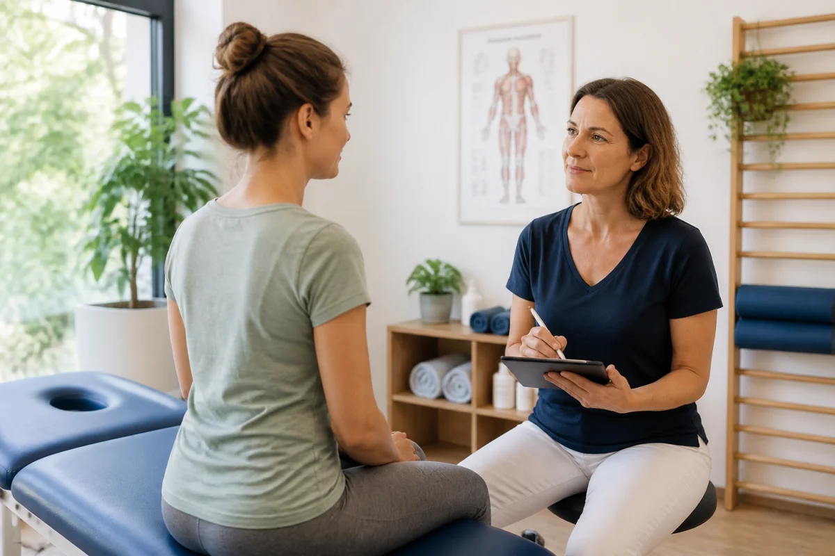 Professionnelle de santé évaluant la posture et la mobilité du dos d’une patiente en cabinet de thérapie manuelle