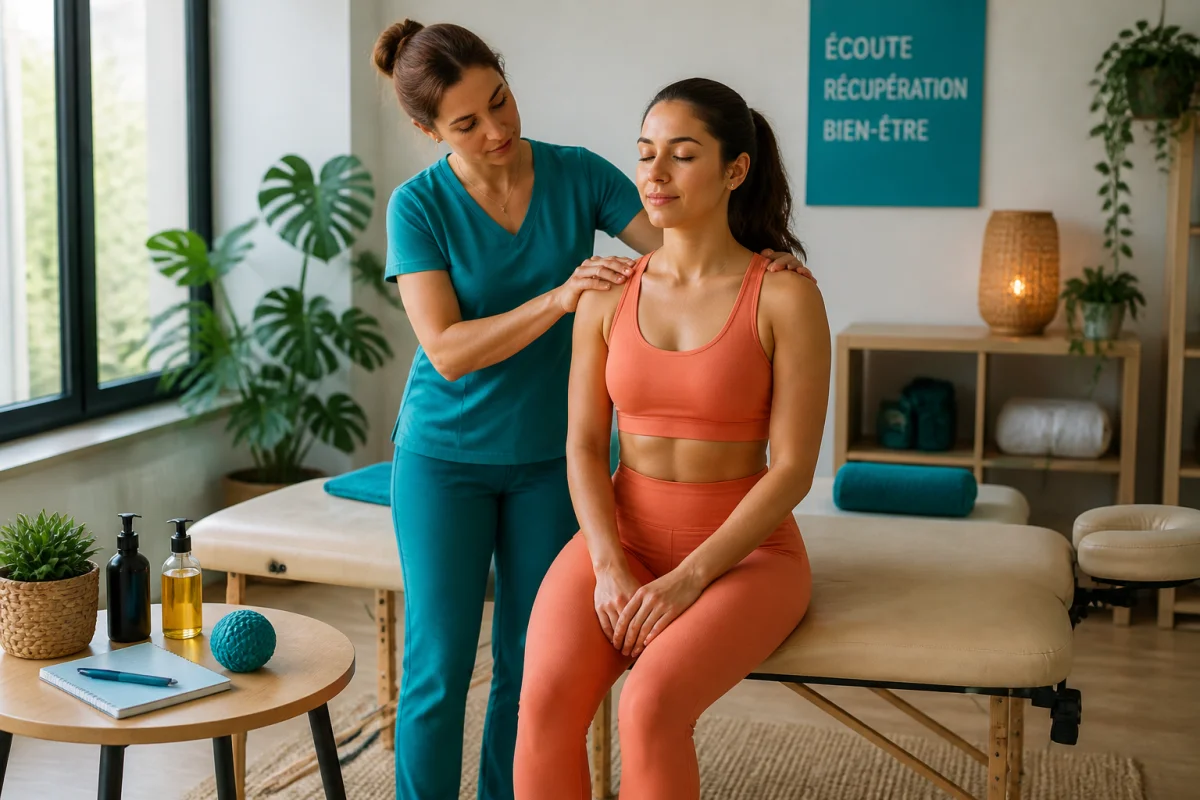 Massage bien-être et récupération musculaire avec praticienne massant les épaules d’une personne après un effort physique