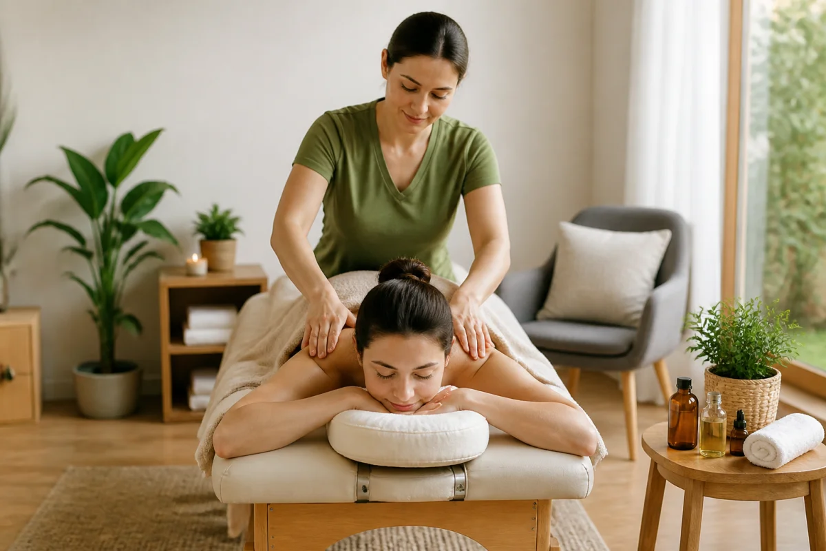 Massage bien-être à domicile pour favoriser la récupération musculaire, avec praticien appliquant une pression douce sur les épaules