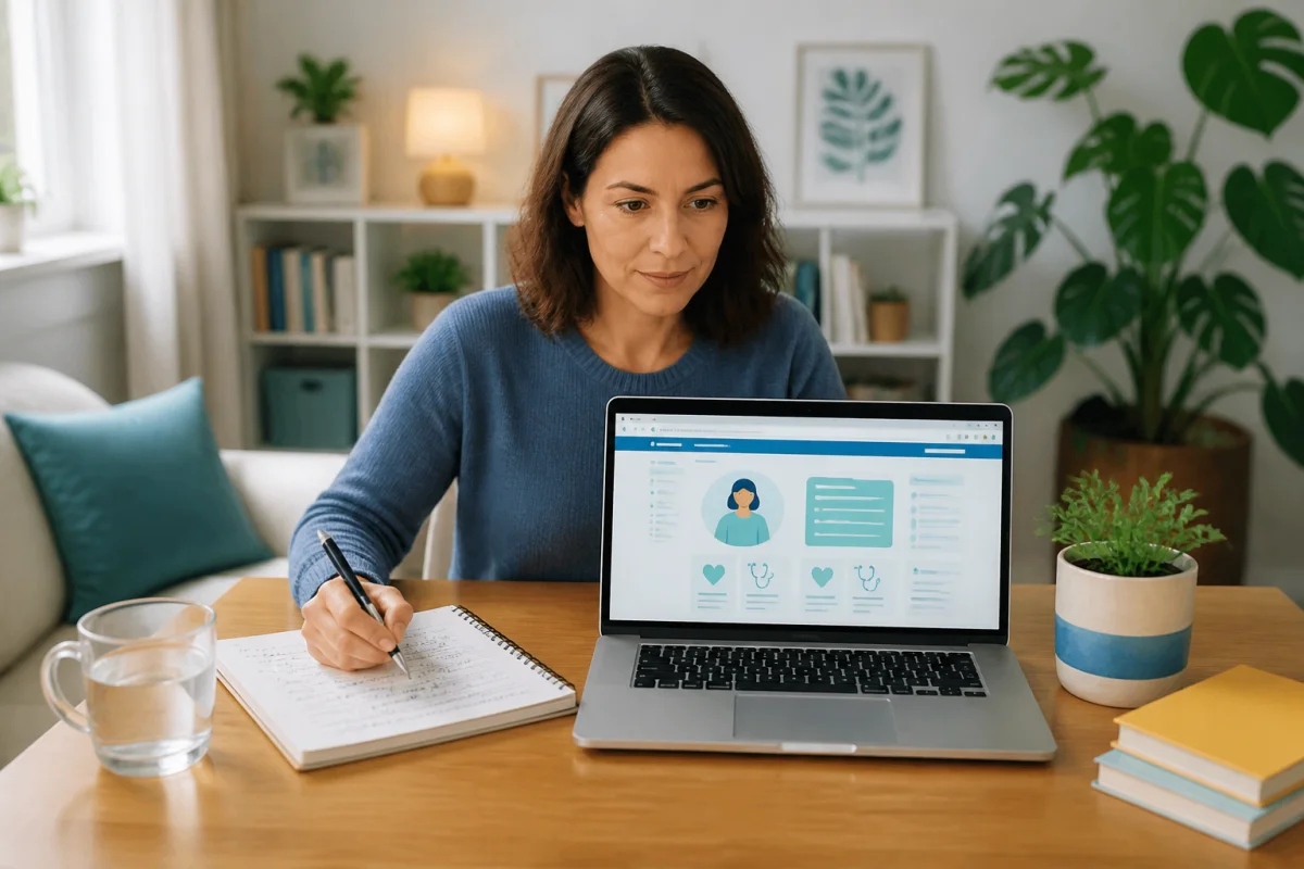 Adulte consultant une plateforme d’information médicale sur ordinateur, carnet de notes et stylo à portée de main