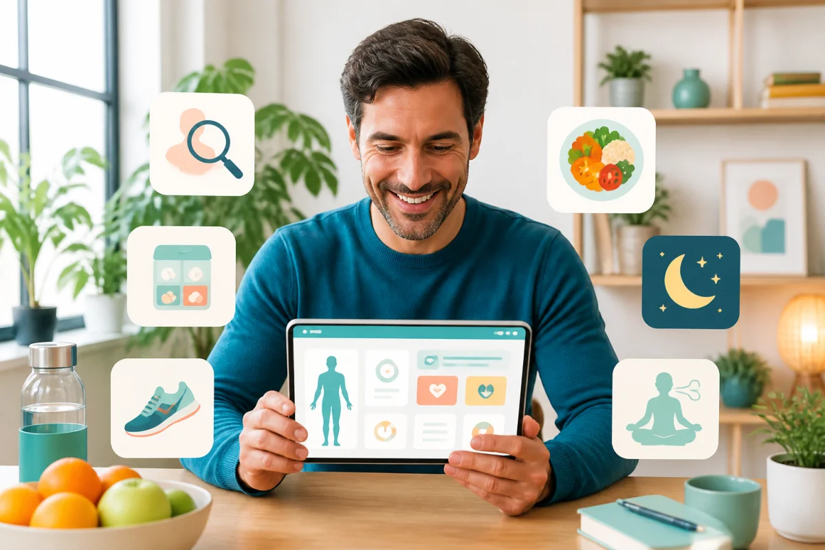 Personne souriante consultant une tablette santé, entourée de repères sur symptômes et habitudes de vie avec Medecins 7 Sur 7