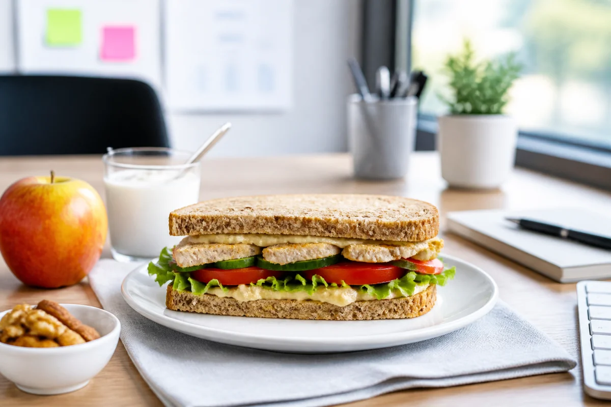 Pause déjeuner équilibrée au travail avec sandwich complet, crudités, fruit, yaourt nature et noix sur table professionnelle