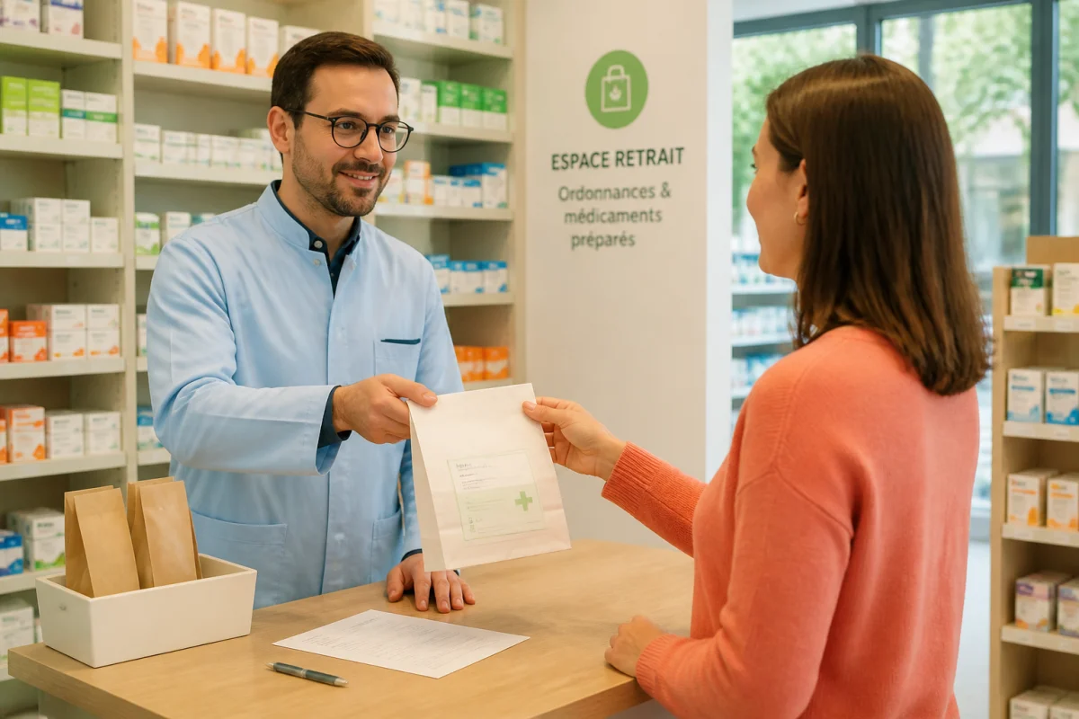 Pharmacien de la Pharmacie Des Marelles remettant un sachet de médicaments à une patiente avec ordonnance au comptoir