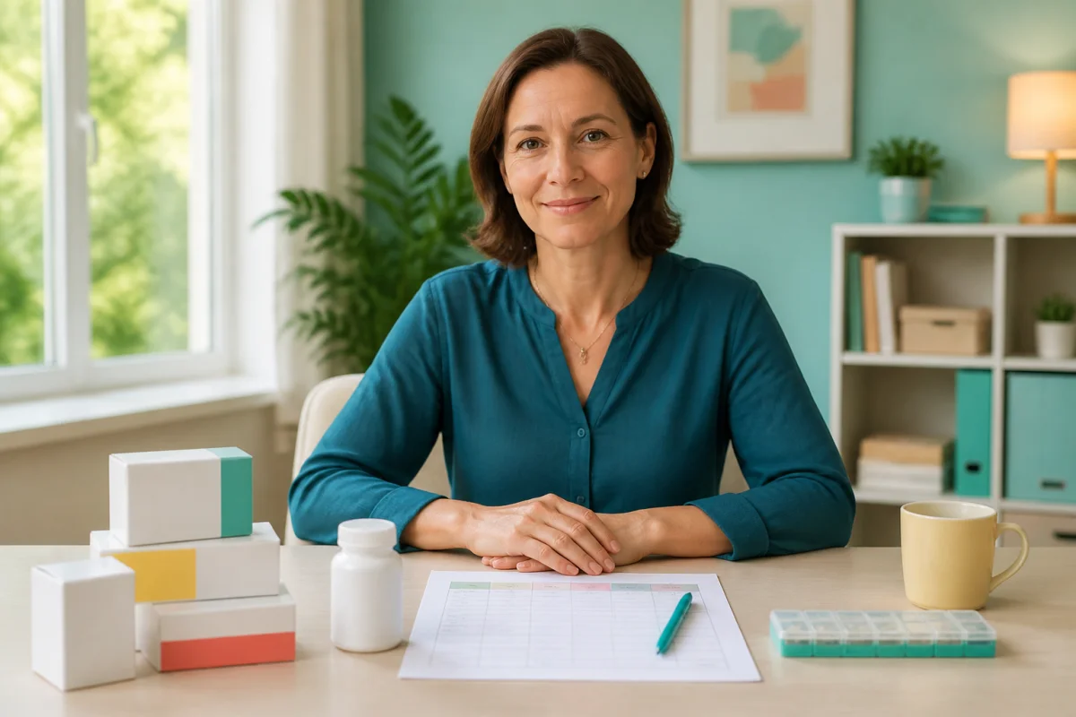 Personne sereine préparant une consultation médicale avec médicaments génériques, pilulier et liste de traitements organisée