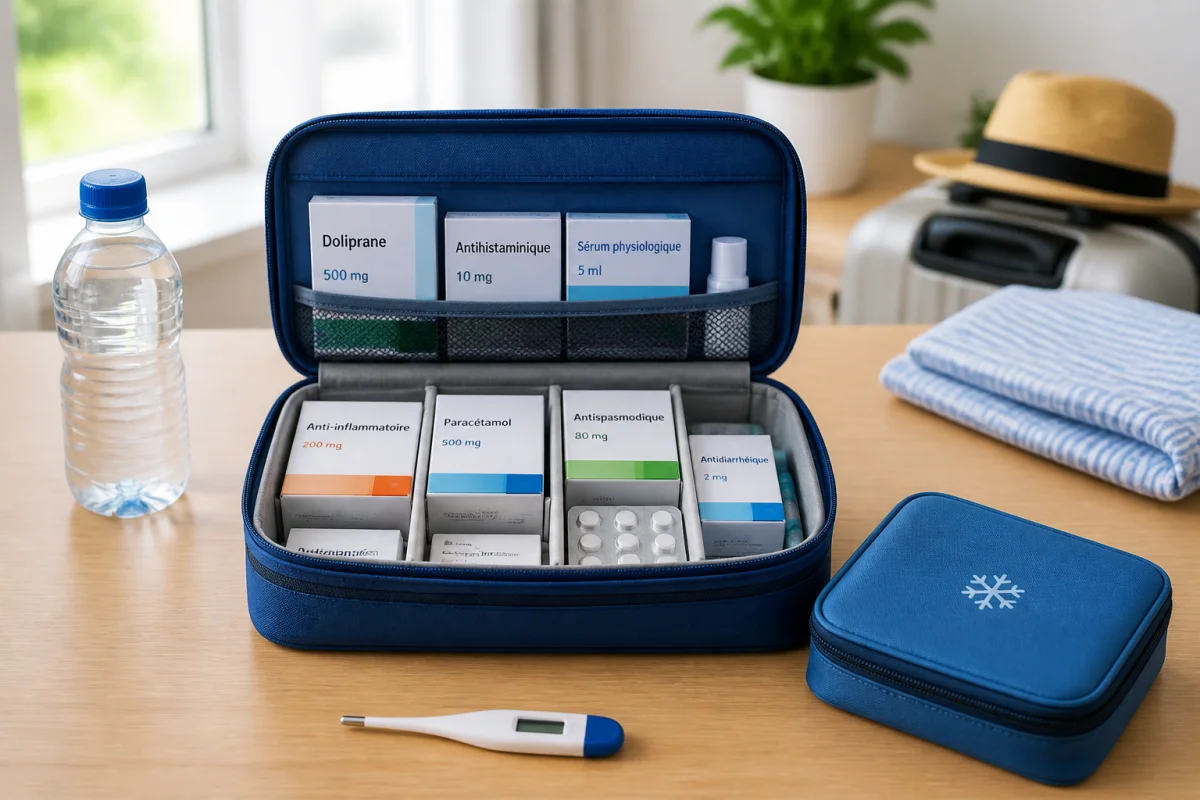 Trousse de voyage organisée avec médicaments, pochette isotherme et thermomètre pour préparer ses médicaments avant un voyage