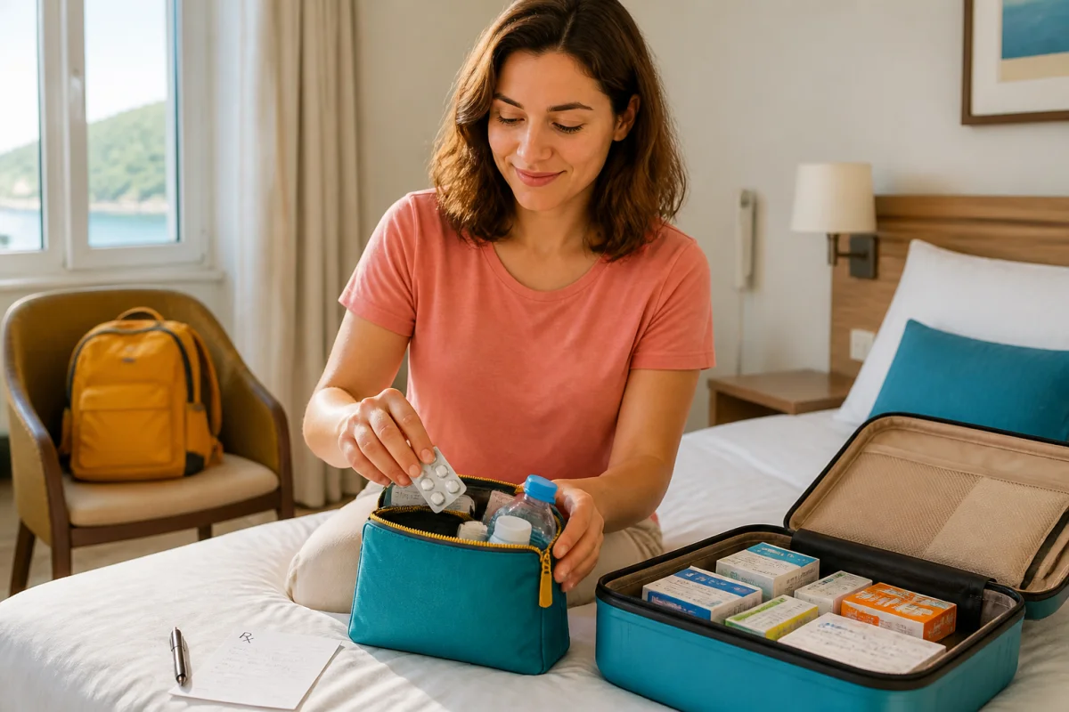 Voyageur préparant ses médicaments avant un voyage, répartis entre trousse accessible et bagage séparé