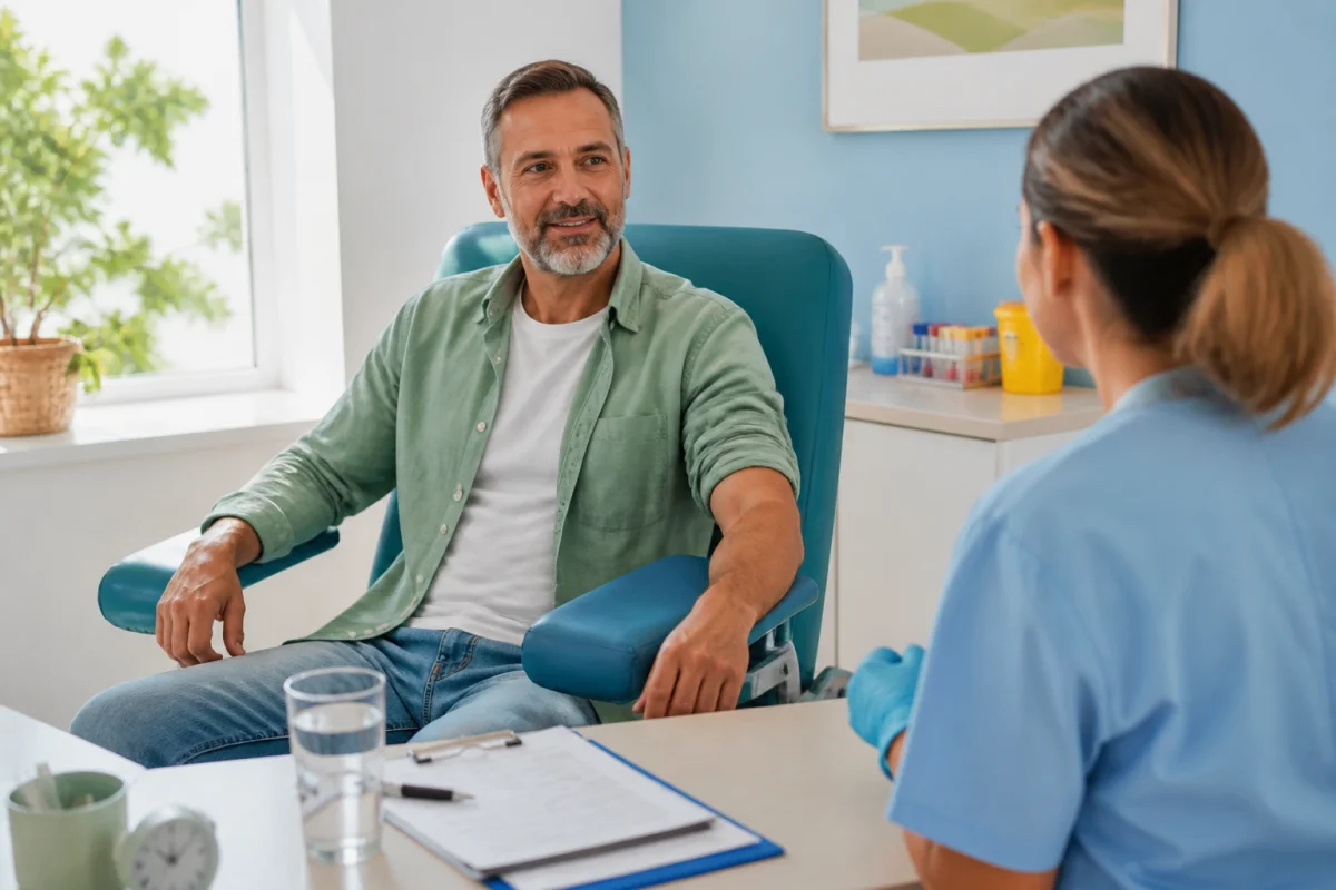 Préparer une prise de sang dans une salle lumineuse avec professionnel de santé et patient serein assis calmement