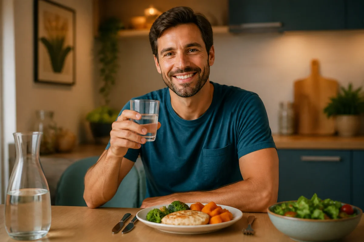 Adulte serein préparant un repas équilibré et buvant de l’eau la veille d’une prise de sang, dans une cuisine chaleureuse