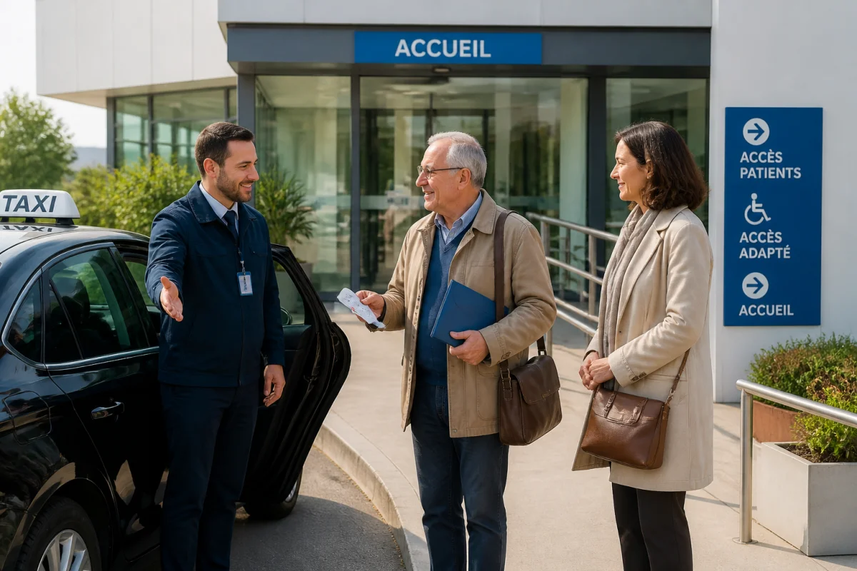 Préparer un trajet médical en taxi devant un centre de soins accessible, avec conducteur, proche et documents médicaux