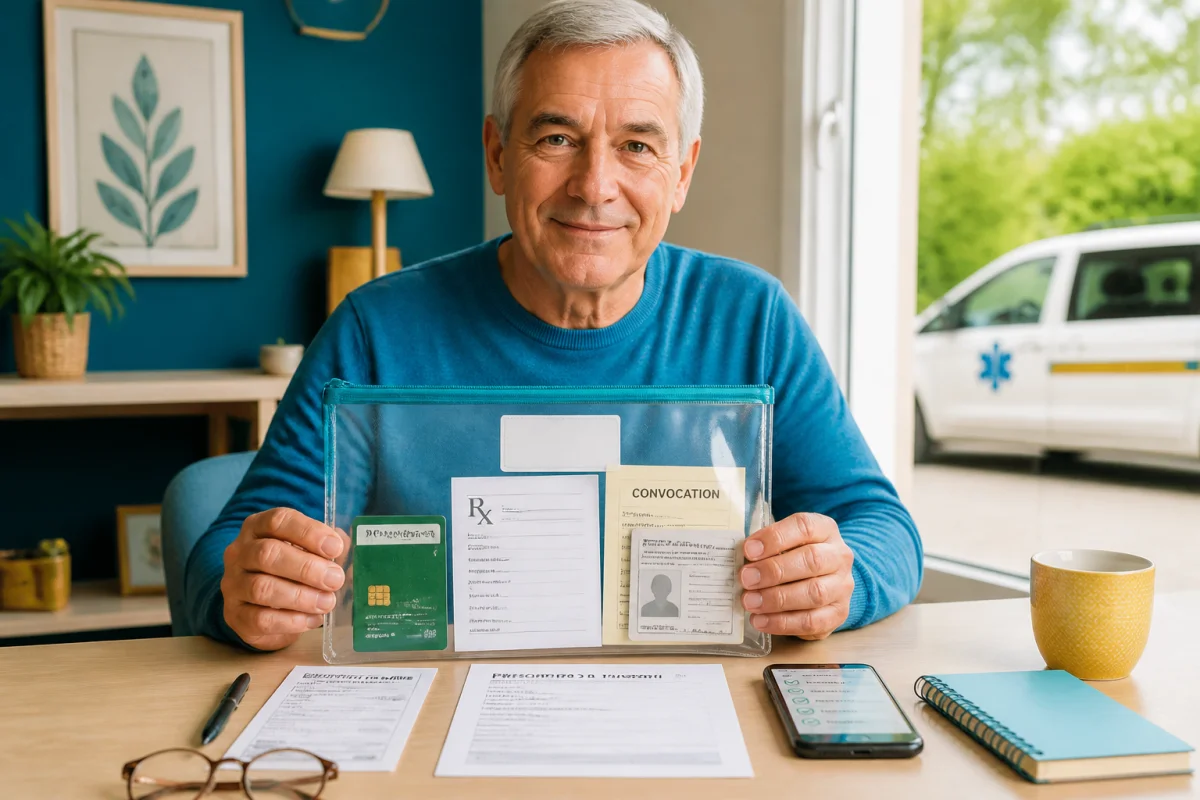Adulte serein préparant un trajet médical en taxi avec documents de santé organisés dans une pochette transparente