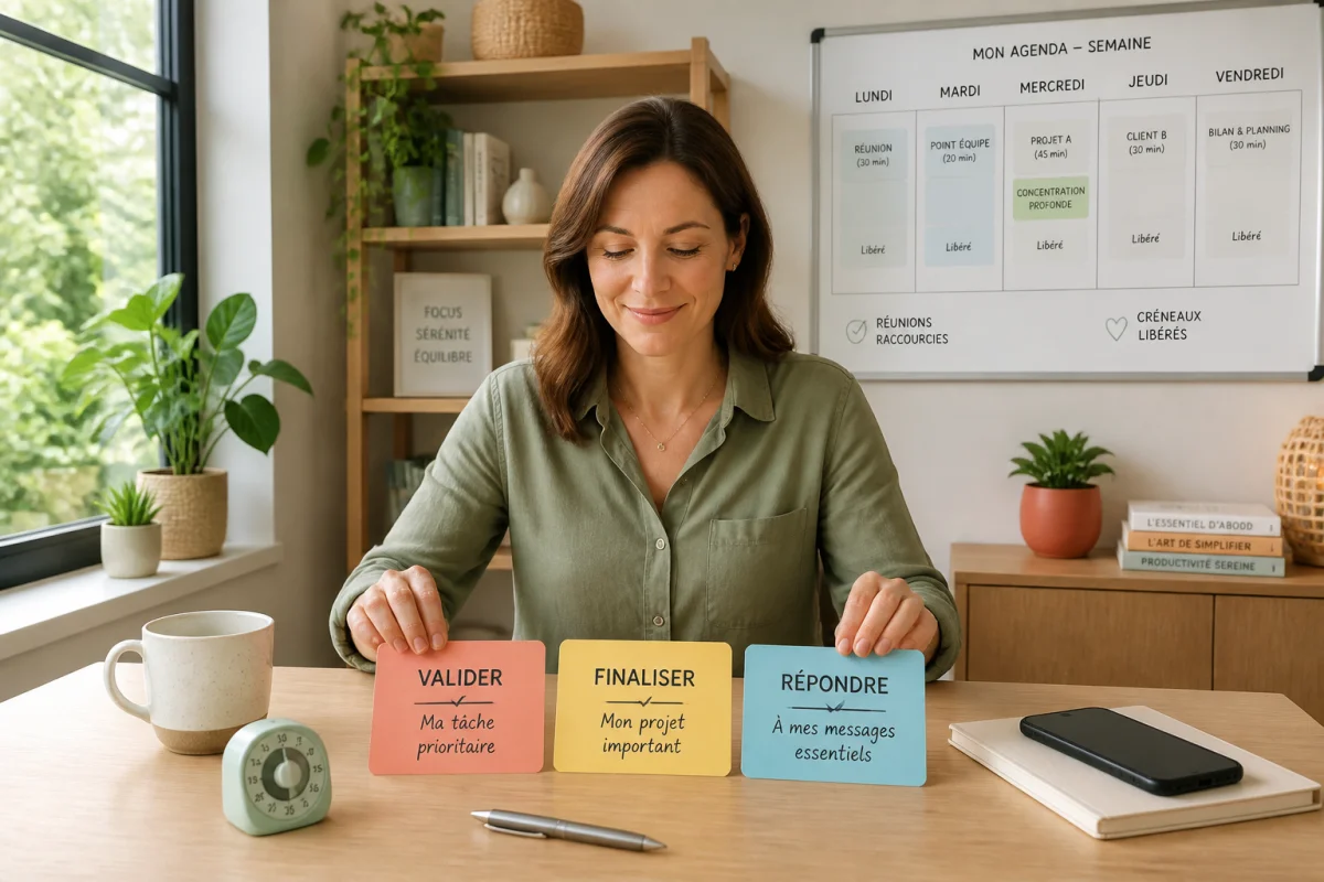 Professionnelle sereine hiérarchisant trois priorités au bureau pour prévenir le burn-out au travail en organisant son temps