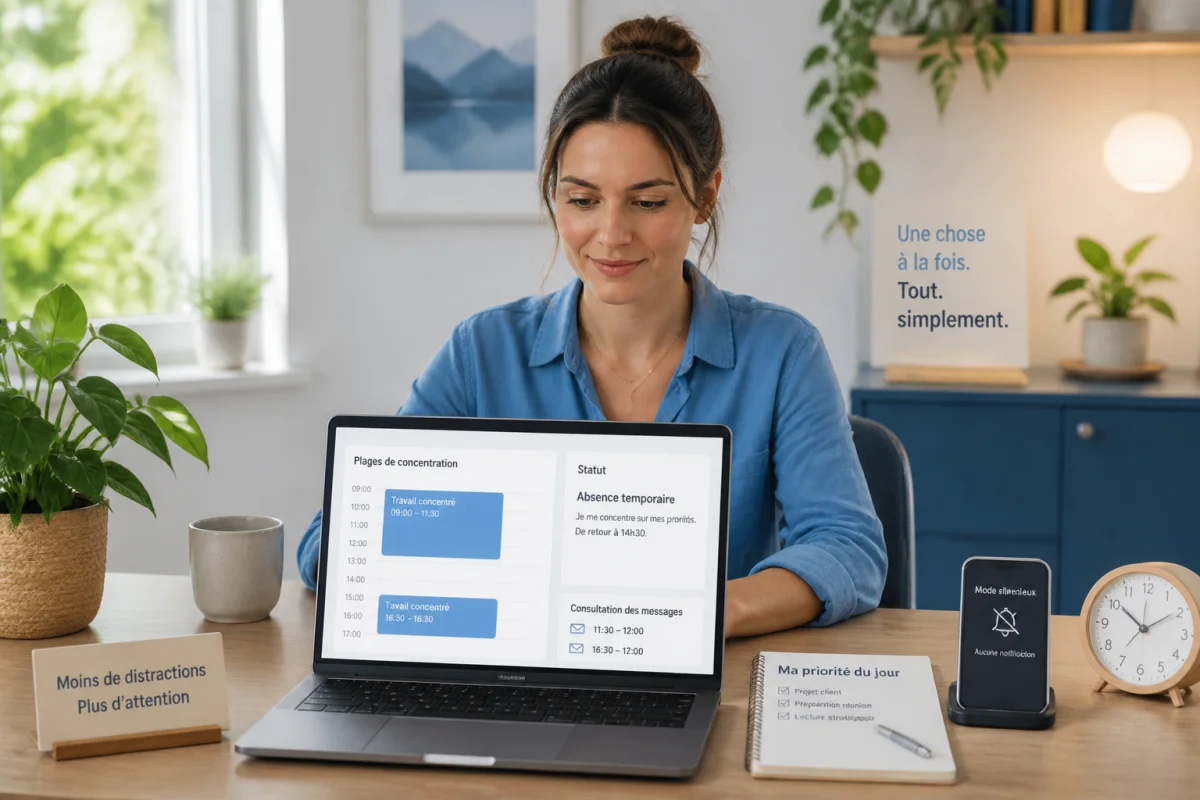 Professionnelle sereine au bureau, appliquant des méthodes pour prévenir le burn-out au travail, notifications désactivées.