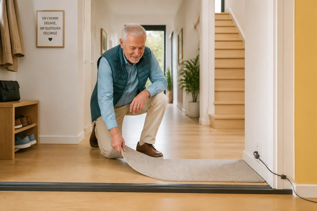 Prévenir les chutes à domicile : personne âgée retirant un tapis et sécurisant un câble dans un couloir dégagé.