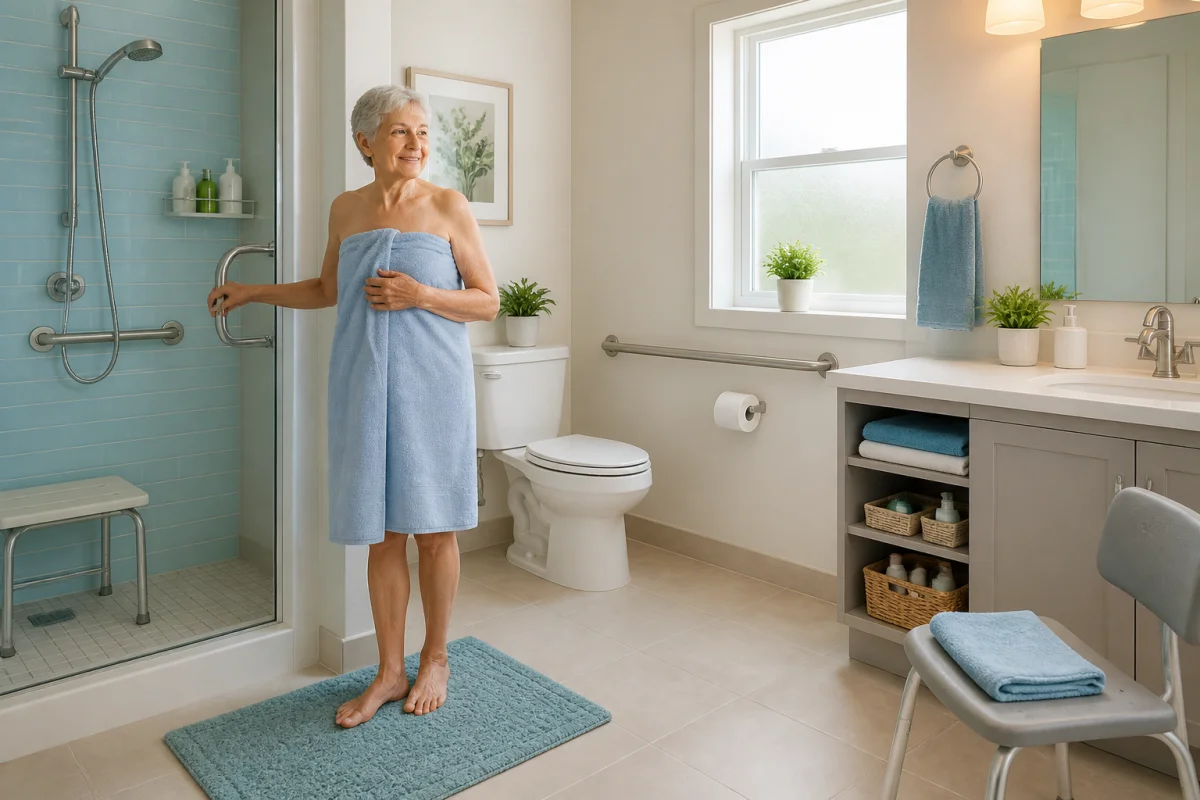 Prévenir les chutes à domicile grâce à une personne âgée utilisant une barre d’appui dans une salle de bains sécurisée