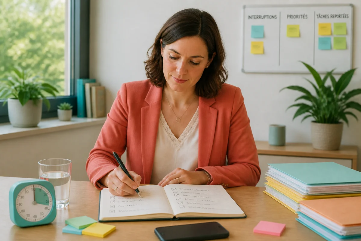 Professionnelle notant les sources de surcharge dans un carnet pour prévenir l’épuisement professionnel
