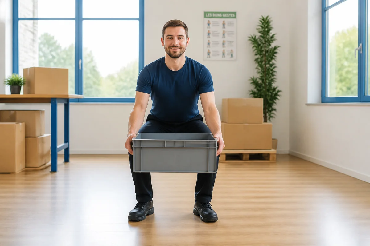 Prévenir les troubles musculo-squelettiques avec une posture ergonomique, dos droit, genoux fléchis et caisse proche du corps