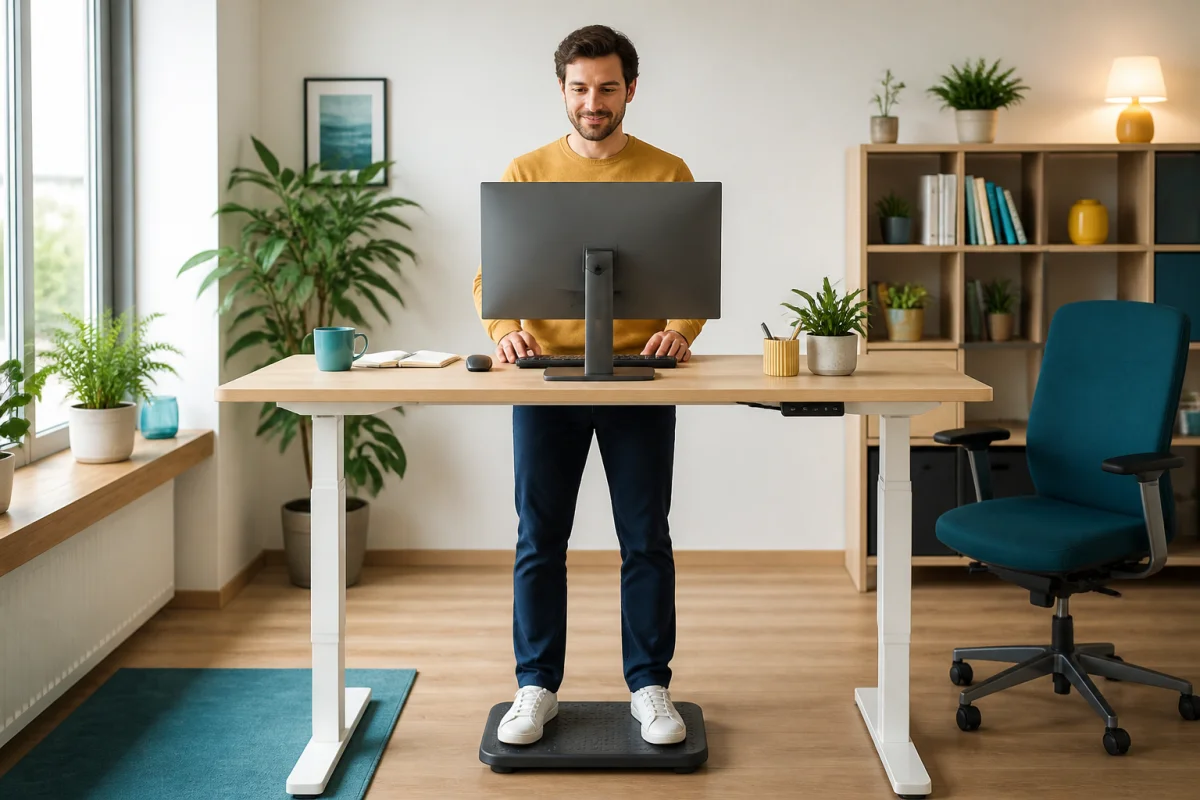 Personne à un bureau ergonomique alternant assise et semi-debout pour prévenir les troubles musculo-squelettiques