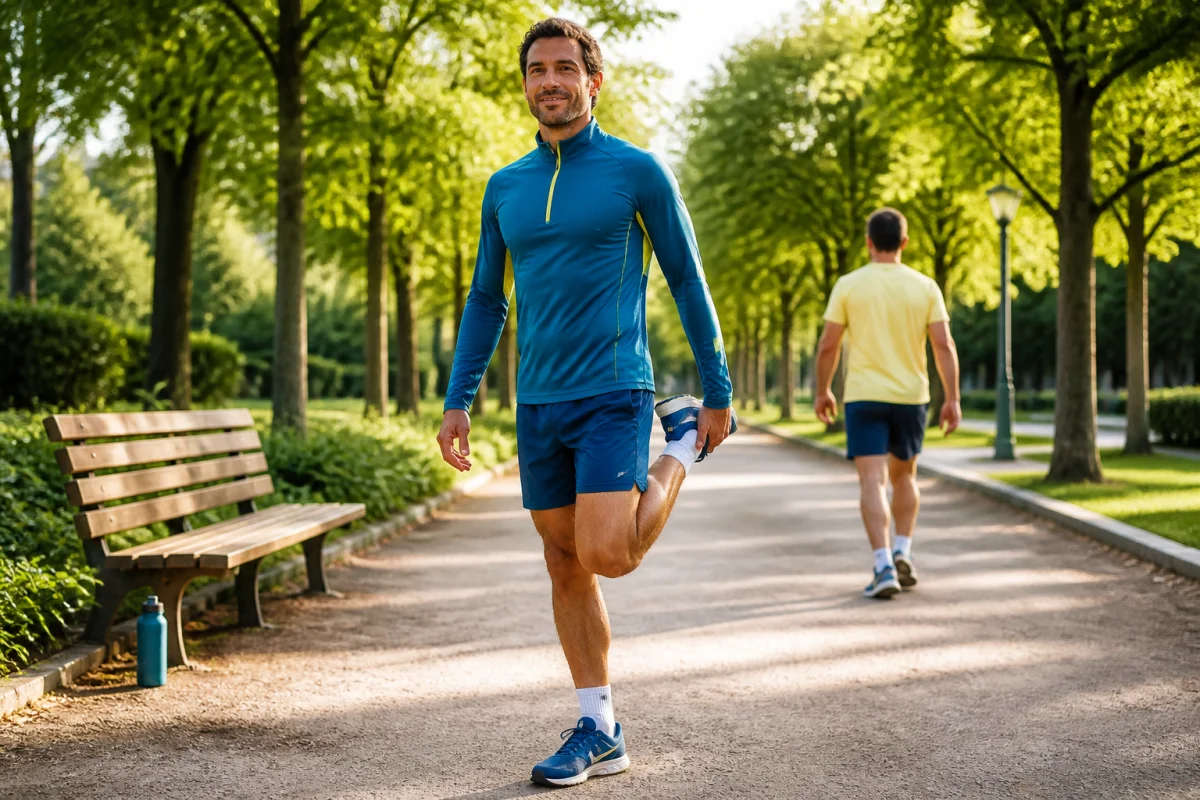 Récupération musculaire après le sport avec étirement des quadriceps dans un parc urbain verdoyant