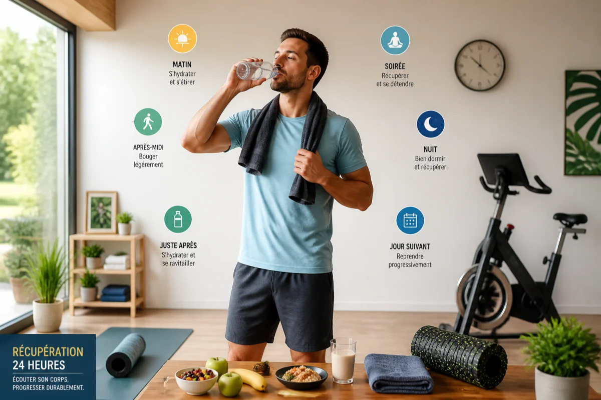 Sportif buvant de l’eau après l’effort, entouré d’accessoires favorisant une récupération musculaire progressive après le sport