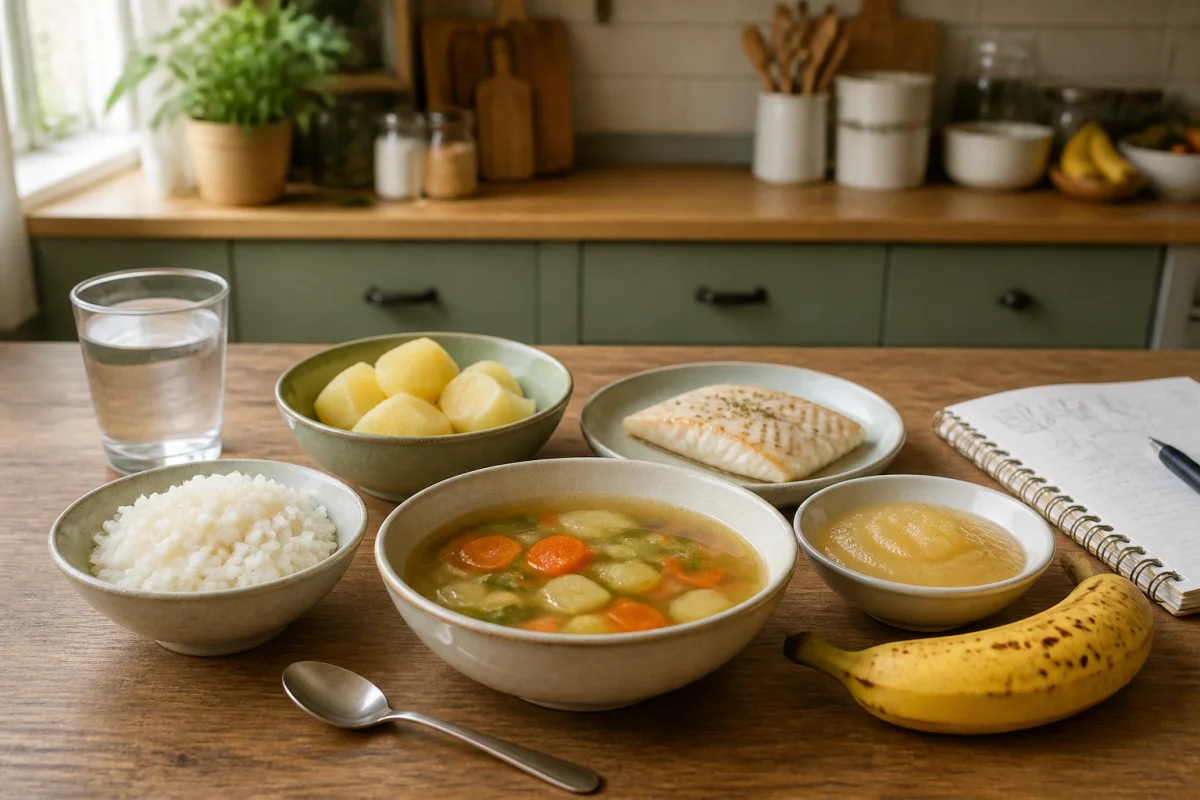 Repas léger et équilibré pour soulager une digestion difficile, avec soupe, riz, légumes cuits, compote, banane et poisson