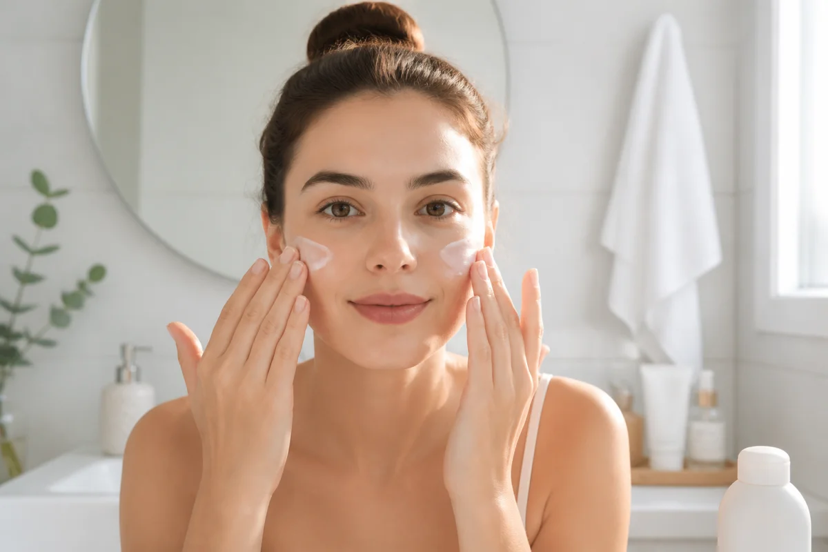 Jeune adulte à la peau claire appliquant une crème solaire, étape essentielle d’une routine soin visage peau claire.