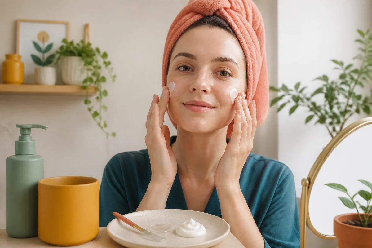 Routine soin visage peau claire avec application d’une crème hydratante et comparaison de textures gel et crème riche